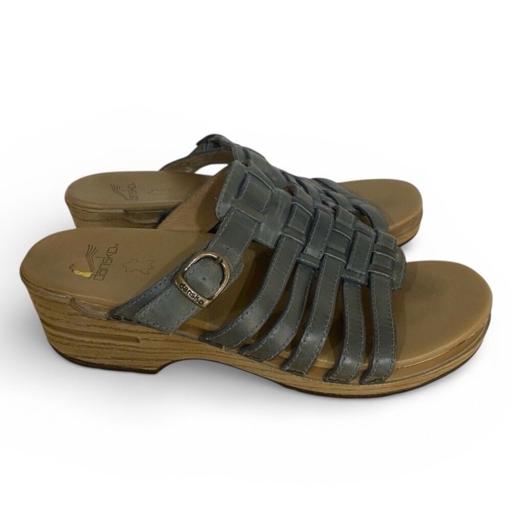 Dansko‎ 41 Marion Wedge Blue Gray Leather Slide Platform Sandals Fisherman